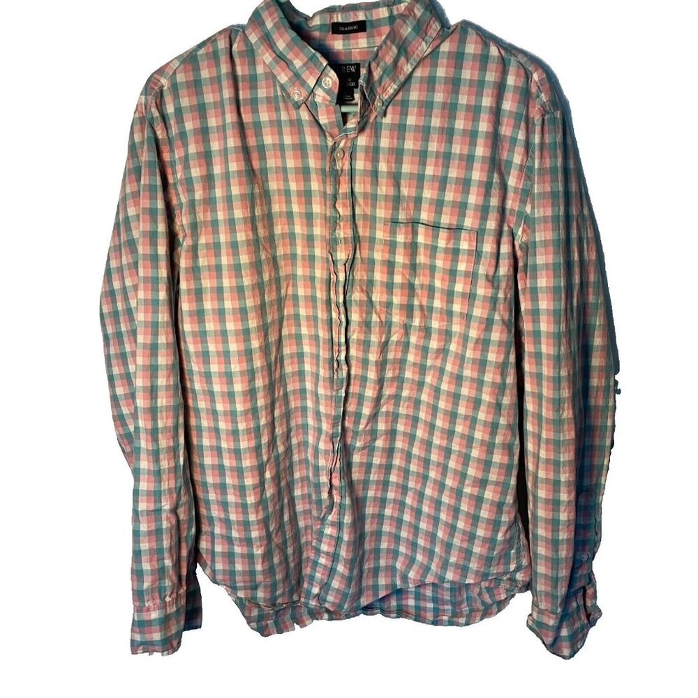 J Crew‎ Men's Green & Pink Check Button Down Flex Washed Classic Fit Size Large